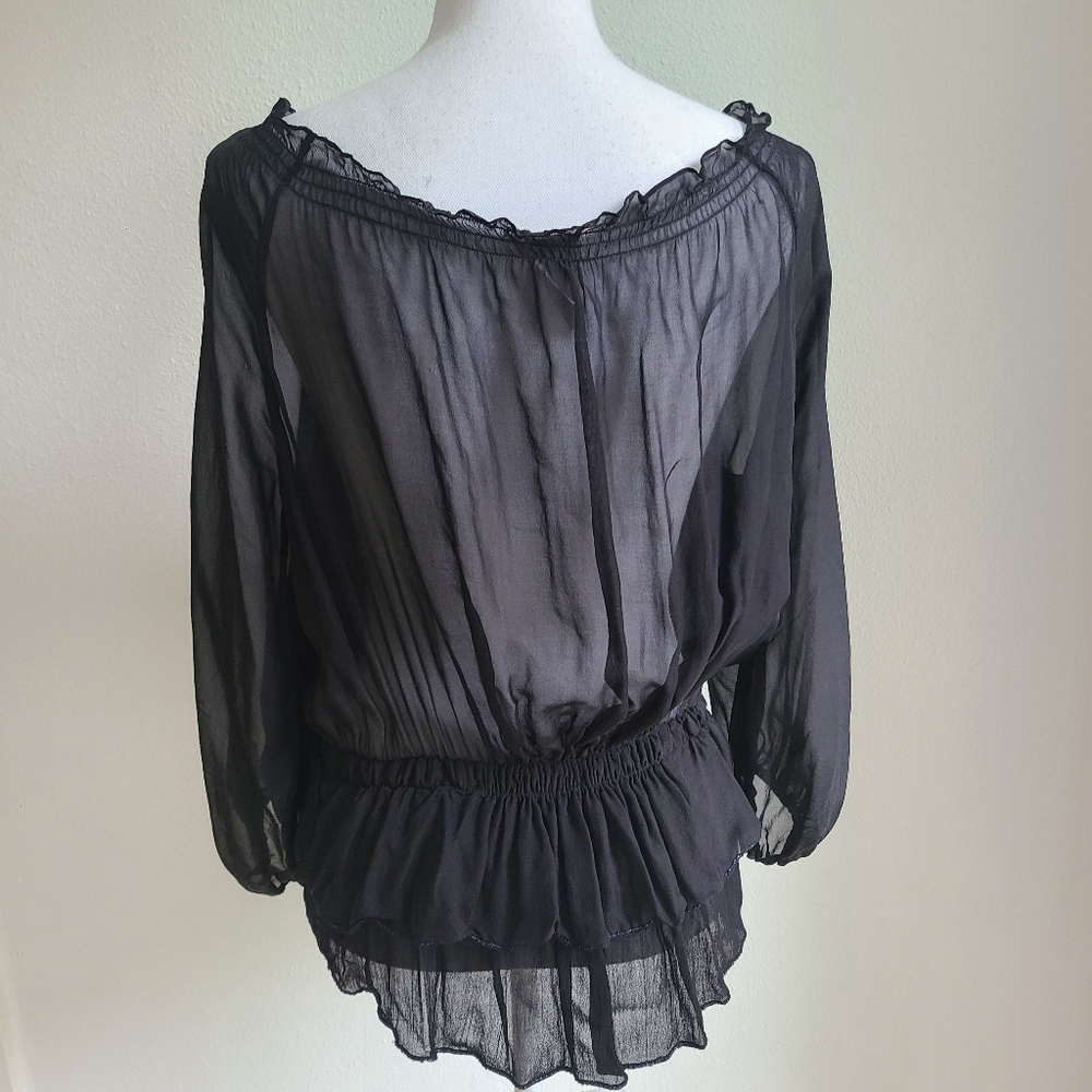 SAIVANA Sheer Black Blouse w/ Tie & Embellishment - Picture 5 of 10